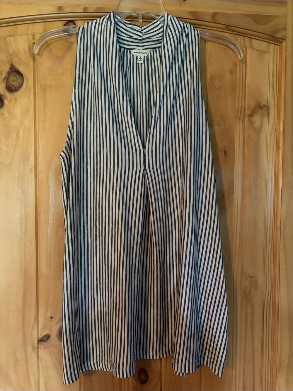 Max Studio Navy and White Striped V-Neck Tunic